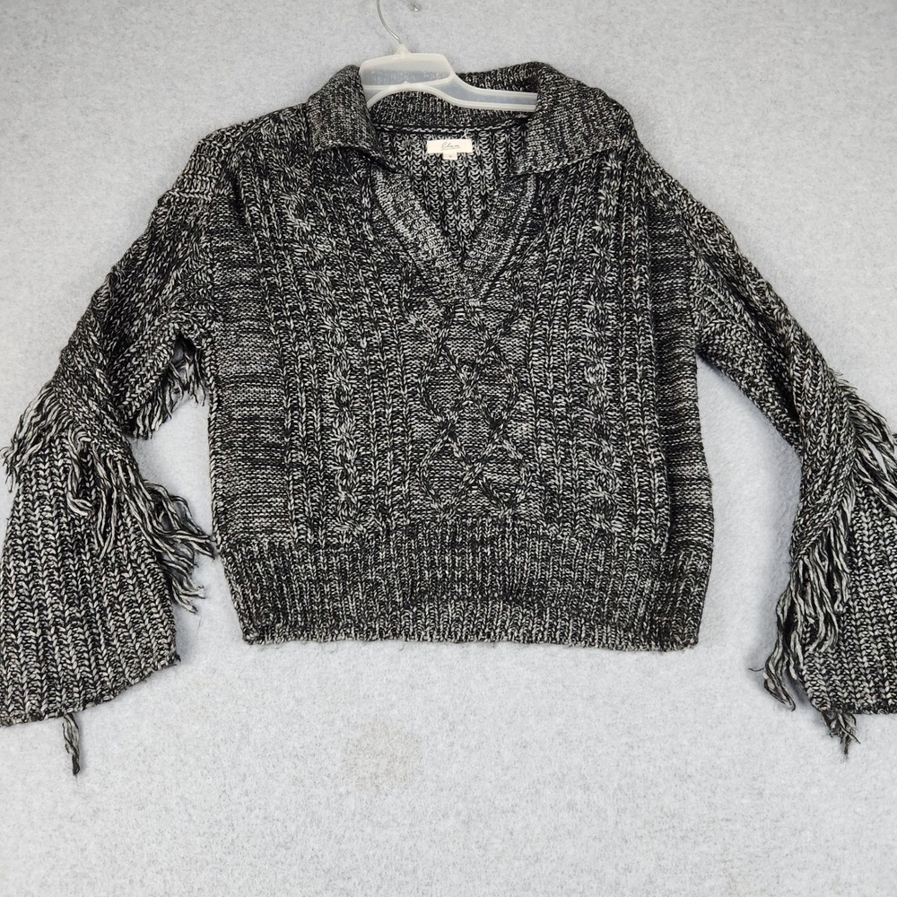 Elan Sweater Womens Small Black White Cable Knit Fringe Boho Collared V-Neck